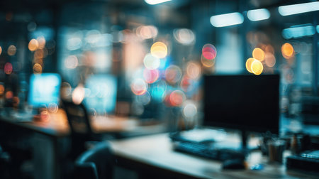 Soft focus on a cozy office environment at night, highlighting workstations with glowing screens and a tranquil setting.の素材