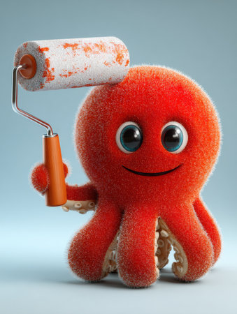 Cheerful octopus mascot holds a paint roller, encouraging creativity for home renovations with a bright and friendly expressionの素材