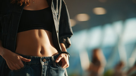 A person stands confidently in tight jeans, their muffin top visible, showing the reality of weight gain in bright, realistic light.の素材