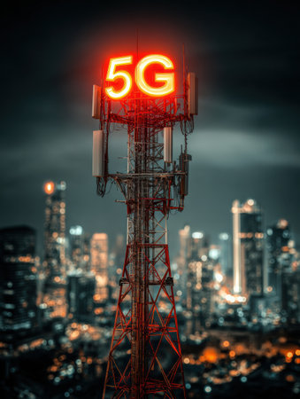 A tall communication tower broadcasts 5G signals, brightly illuminated with a lit 5G sign against a city skyline at night.の素材