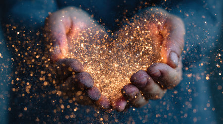 Hands gently blow sparkles that form a heart shape in front of a rich, dark background, providing space for creative branding.の素材