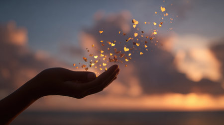 A pair of hands blows golden hearts into the air during a warm sunset, with a dreamy sky in the background and soft clouds illuminating the scene.の素材