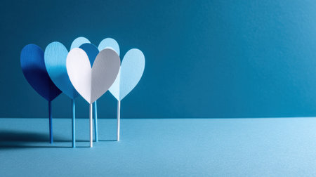 Colorful heart shapes stand together, symbolizing teamwork appreciation in a simple, elegant business environment, with a soft blue backdrop.の素材