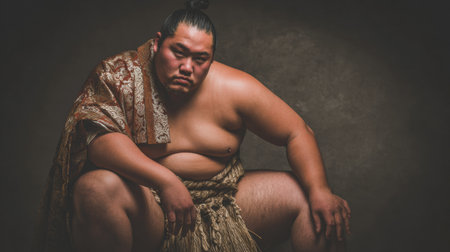 Sumo wrestler poses in studio, highlighting rich culture and discipline of the sport while emphasizing strength and physicality.の素材