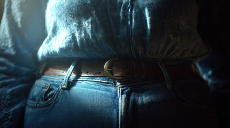 A close-up view captures the muffin-top effect over tight jeans, showing the challenges of weight gain in everyday life.の素材