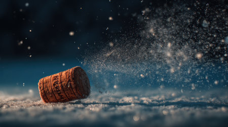 A cork bursts open, scattering frozen particles into the air amid a winter scene, reflecting a vibrant moment of joy and celebration.の素材