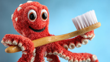 A cheerful octopus holds a toothbrush floss, encouraging good dental habits in a minimal and clean environment.の素材