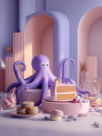 A playful octopus mascot holds a slice of cake in a bakery decorated with pastel colors and sweet treats around it.の素材