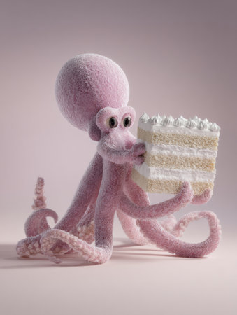 Ad layout featuring a pink octopus mascot joyfully presenting a slice of cake with a soft pastel background, perfect for a bakery promotion.の素材