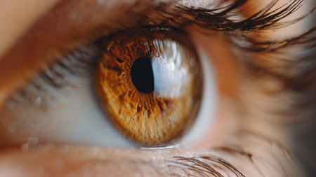 This close-up view reveals intricate patterns and rich colors in the eye, capturing an intense reflection with minimal background distraction.の素材