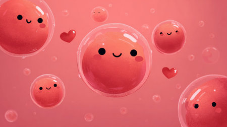 Tiny hands blow heart-shaped bubbles that drift joyfully through a soft gradient with playful colors of pink and red.の素材