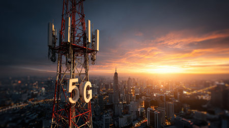 A 5G mobile communication tower stands tall against the skyline as it transmits wireless broadband signals at sunset.の素材