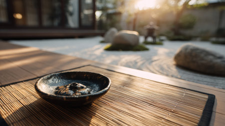 A beautifully arranged tea set sits on a bamboo mat, surrounded by a blurred zen garden and bathed in soft afternoon sunlight.の素材