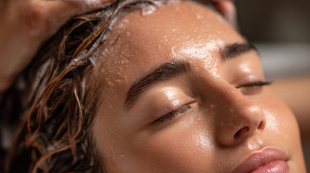 A person relaxes while receiving a gentle hair wash, experiencing a moment of pure self-care amidst glistening water droplets.の素材