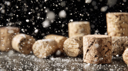 Cork pops in a dark background, sending frozen particles flying through the air, showing a unique burst of motion and texture.の素材