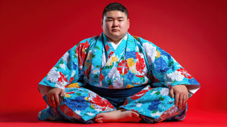 A sumo wrestler sits confidently in front of the camera, dressed in colorful traditional clothing against a striking red backdrop.の素材