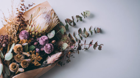 An elegant bouquet features a variety of dried flowers, beautifully arranged on a neutral backdrop, leaving space for text.の素材