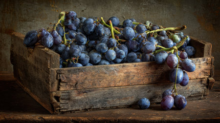 Fresh grapes fill a rustic wooden crate, highlighting their natural beauty and the simplicity of rural life.の素材