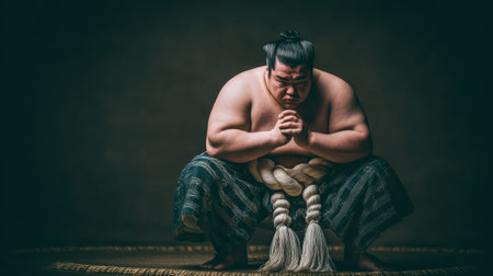 A Japanese sumo wrestler sits in a classic pose in a studio, highlighting his strength and tradition with a focused expression.の素材