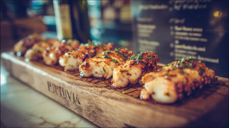 Sliced octopus arranged elegantly on a wooden board captures a warm dining ambiance with soft lighting and blurred background.の素材