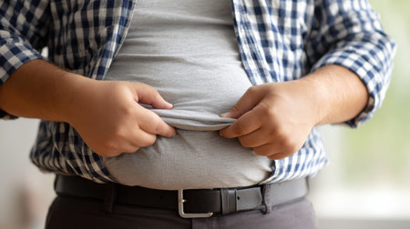 Hands are pulling on a belly roll, highlighting visible fat folds as part of an important health check relating to diet issues.の素材