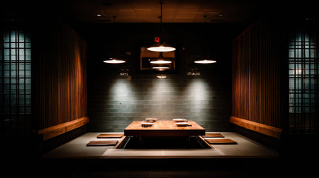 Soft warm light highlights a minimalist tatami-style tasting area, inviting guests to enjoy a cozy meal in an intimate setting.の素材