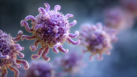 This scene illustrates a unique virus structure resembling an octopus, featuring intricate details and a scientific gradient layout in soft colors.の素材