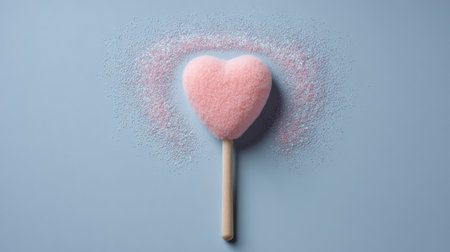 A makeup brush is blowing heart-shaped glitter dust in soft pink tones against a calm blue backdrop, showcasing cosmetic art.の素材