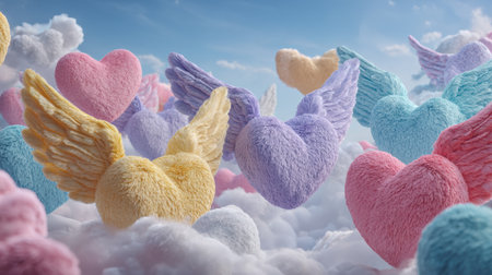 Soft pastel heart shapes with wings drift through a dreamy sky, creating a magical and whimsical atmosphere for children.の素材