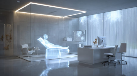 A holographic representation of medical diagnostics hovers beside a silhouette of a patient in a sleek, modern clinic with soft lighting.の素材