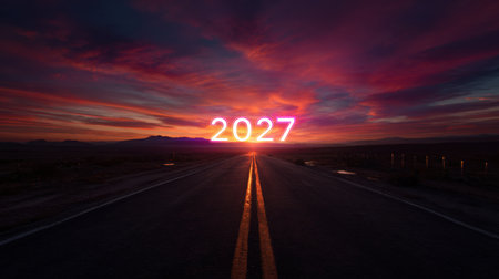 A vibrant sunset fills the sky, with the year 2027 glowing brightly on an open road leading into the horizon.の素材