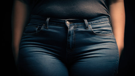Individual presents muffin-top effect in tight jeans, highlighting struggles related to weight gain while standing under soft lighting.の素材