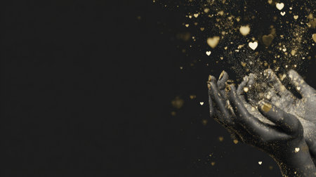 Hands are blowing golden heart particles adorned with pearl highlights against a sleek, dark background, creating a magical effect.の素材