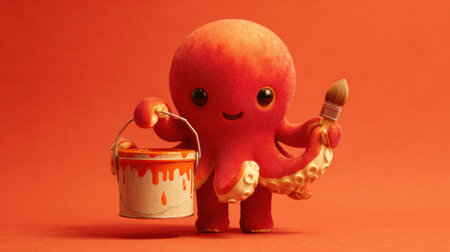 Colorful octopus mascot encourages kids to explore their creativity while holding a paint bucket and brush against a warm backdrop.の素材