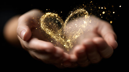 Hands blow golden heart particles surrounded by pearl highlights against a minimal dark backdrop, creating a magical atmosphere.の素材