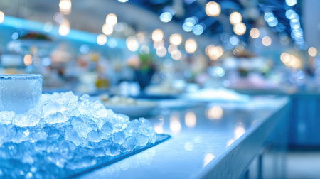 Chilled seafood is showcased on an ice display in a stylish restaurant with a cool blue atmosphere and subtle lighting.の素材