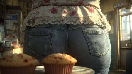 A person stands with a slight muffin-top effect over tight jeans, surrounded by freshly baked muffins in a warm, inviting cafe.の素材