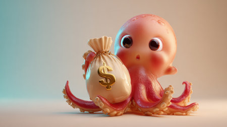 A friendly octopus character joyfully holds a money bag, designed to teach children about finance in a fun and colorful way.の素材