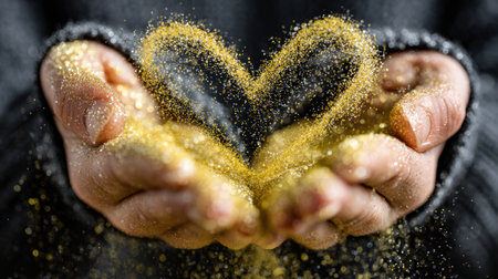 Hands gently blow golden heart-shaped particles that shine with pearly highlights against a rich dark background.の素材