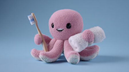 A mascot octopus cheerfully holds a toothbrush and floss in a simple, fresh backdrop, encouraging good dental habits with joy.の素材