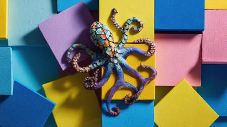 A cute octopus with a sticker design sits among bright squares and rectangles, creating a fun and lively atmosphere perfect for kids.の素材