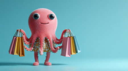 A friendly octopus mascot stands holding colorful shopping bags in a pastel-colored space, showcasing joy in online shopping and marketing.の素材
