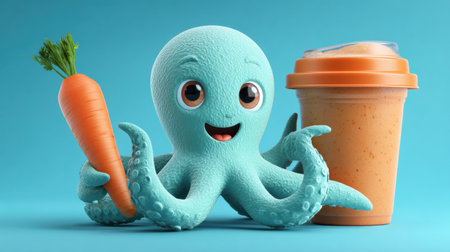 A friendly octopus mascot holds a carrot while beside a smoothie cup, showcasing a healthy drink against a bright pastel background.の素材