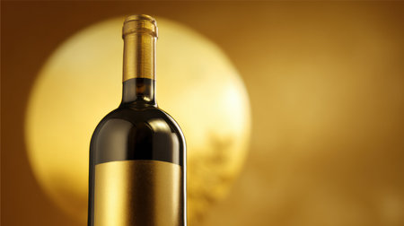 A sophisticated wine bottle stands out against a golden abstract halo background, showcasing premium quality and artistic flair.の素材
