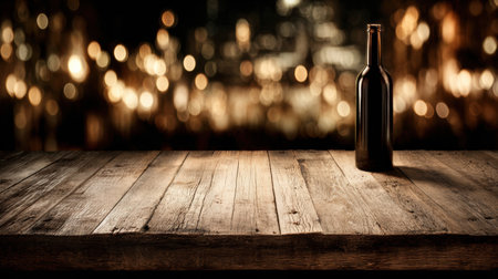 A single wine bottle stands on a wooden table, surrounded by a blurred backdrop of luxury dining, evoking an inviting atmosphere.の素材