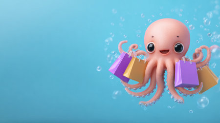 A cheerful octopus mascot holds multiple shopping bags, ready to explore the world of online shopping in a light pastel setting.の素材