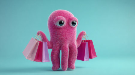 A cheerful octopus in vibrant pink holds several shopping bags in an inviting pastel space, symbolizing fun and excitement in e-commerce marketing.の素材