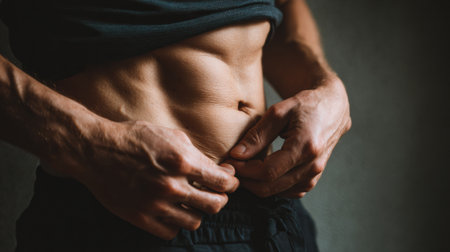 Realistic details of a hand grabbing the upper belly area, showing skin folds and stretch marks in a natural light setting.の素材