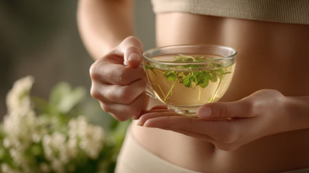 A person gently squeezes their belly while holding a cup of herbal slimming tea, promoting wellness and relaxation in a calming environment.の素材