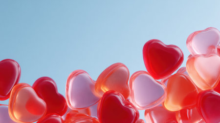 Heart-shaped jelly candies spread across a surface with a soft pastel sky above, creating a joyful and colorful scene for sweet occasions.の素材